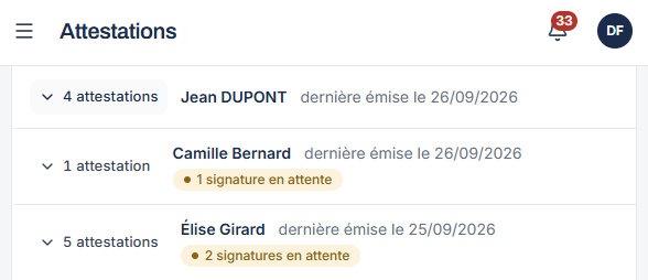 Interface MyDotation de gestion des attestations