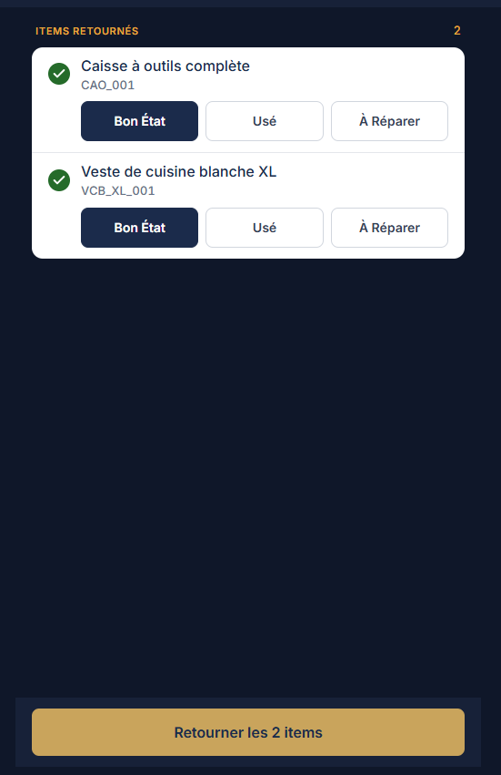 Écran mobile MyDotation : enregistrement du retour des équipements et de leur état