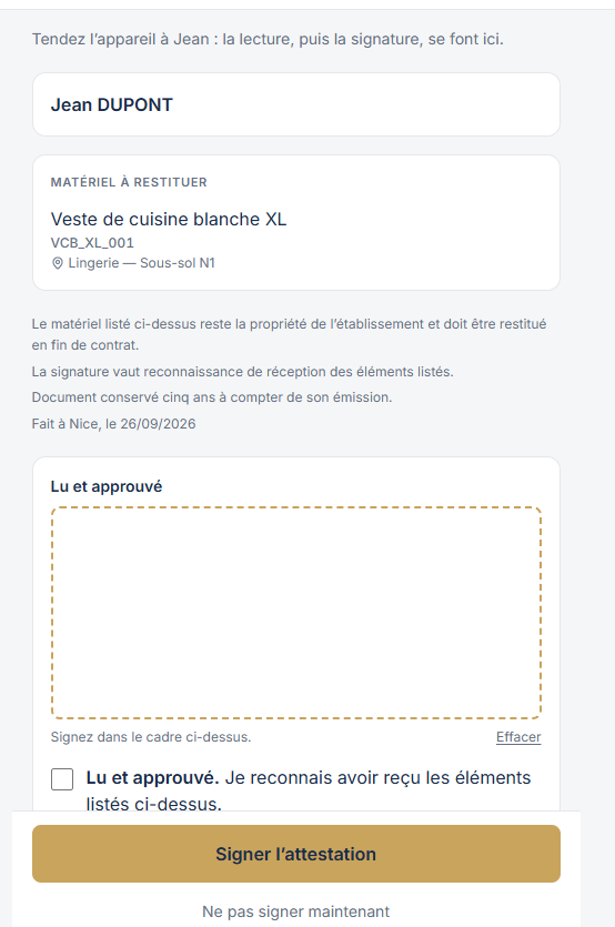 Écran mobile MyDotation : signature de l'attestation de remise par le collaborateur
