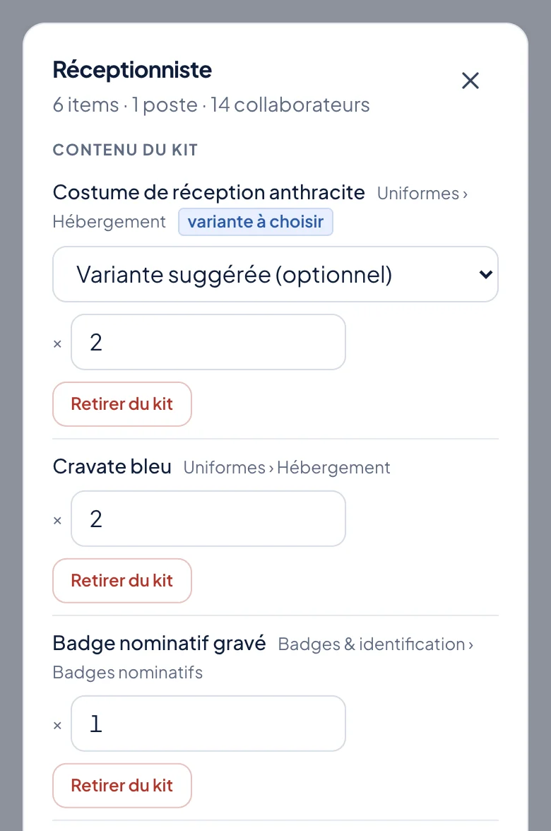 Kit de poste Réceptionniste en constitution dans MyDotation : costume avec variante à choisir, cravate, badge nominatif