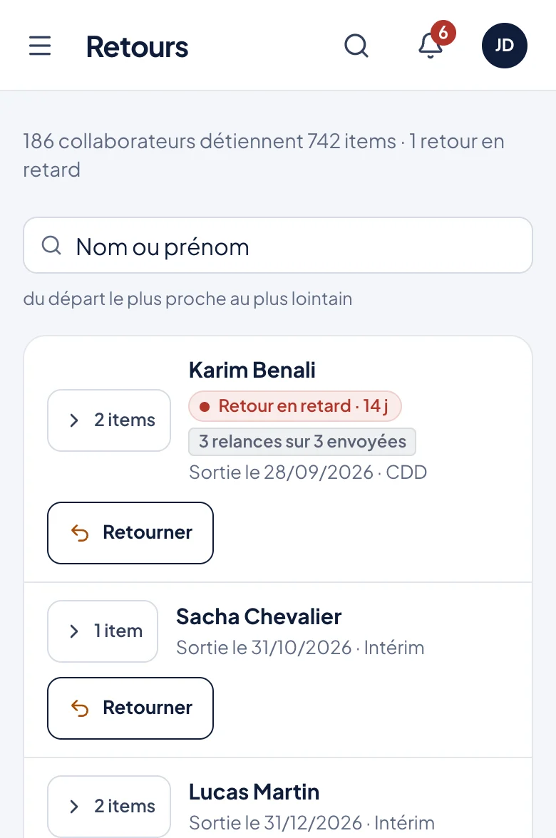 Écran mobile MyDotation des retours : un retour en retard de 14 jours, trois relances envoyées