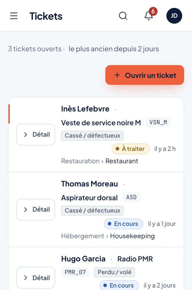 Liste MyDotation des tickets internes en cours de traitement : à traiter, en cours et résolus